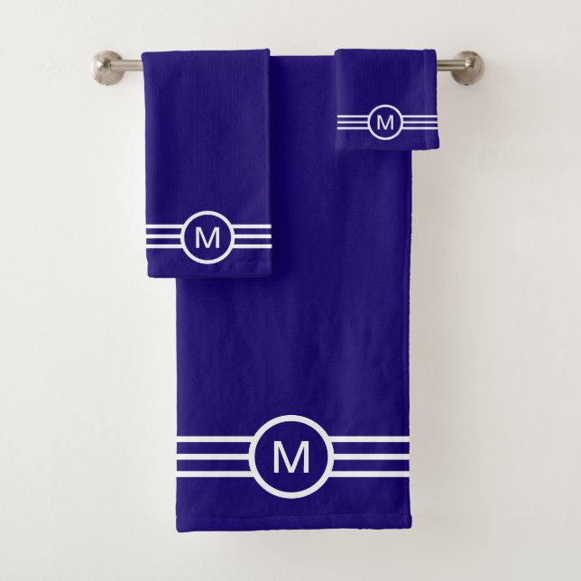Monogramm und weiße Streifen auf blauem Badetuch-S Badhandtuch Set (Insitu)
