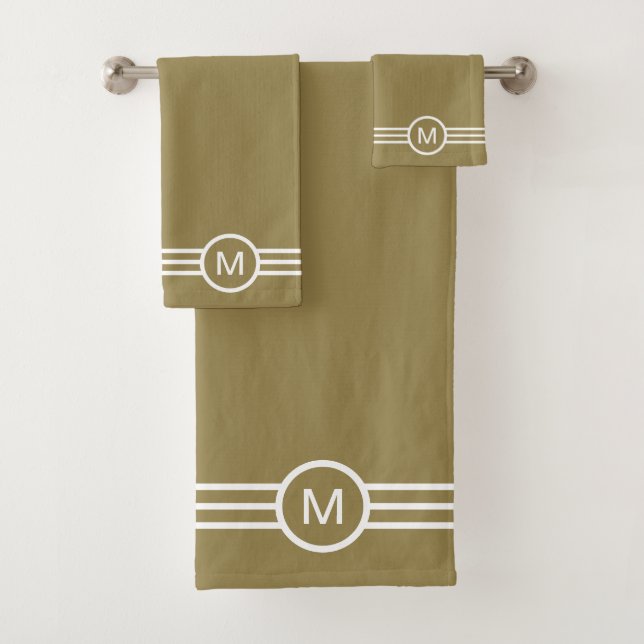 Monogramm und weiße Streifen auf Lucky Beige Badhandtuch Set (Insitu)