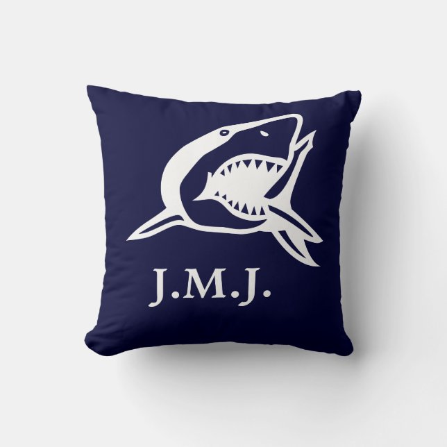 Monogramm unter weißem Hai auf marineblau Kissen (Vorderseite)