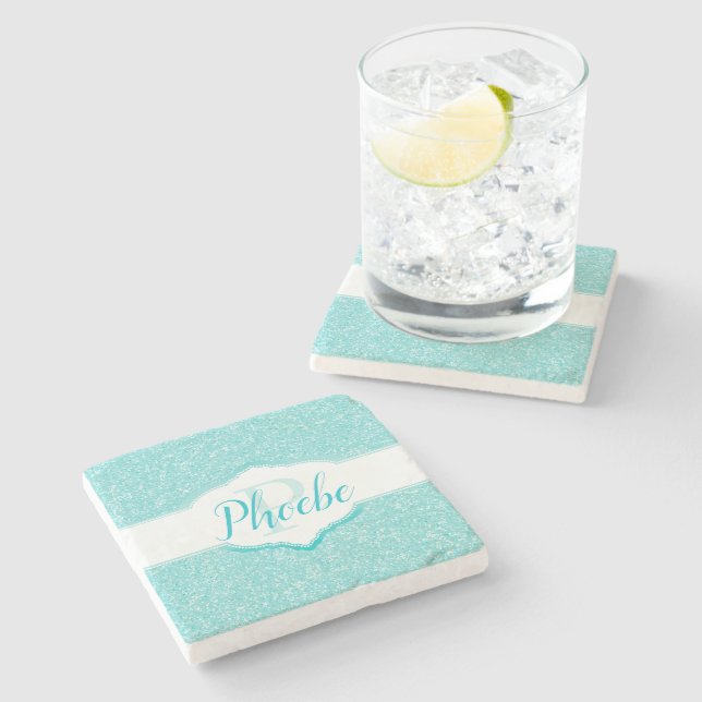 Monogramm-Untersetzer für aquamarine Glitzer Steinuntersetzer (Seitenansicht)