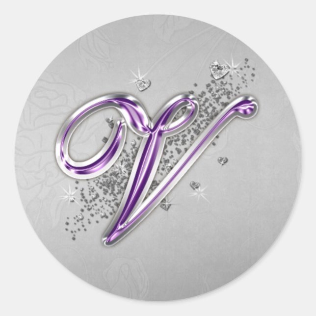 Monogramm V-Aufkleber für lila und Silber-Glitzer Runder Aufkleber (Vorderseite)