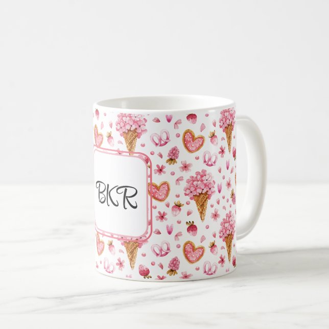 Monogramm, Valentine Candy & Hydrangea Muster 11oz Kaffeetasse (VorderseiteRechts)