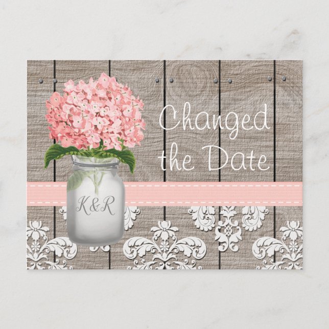 Monogramm veränderte Datum Rosa Hortensie Mason-Gl Postkarte (Vorderseite)