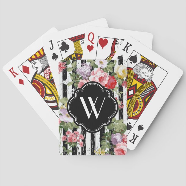 Monogramm-verwitterter schwarzer Blumenstreifen Spielkarten (Rückseite)