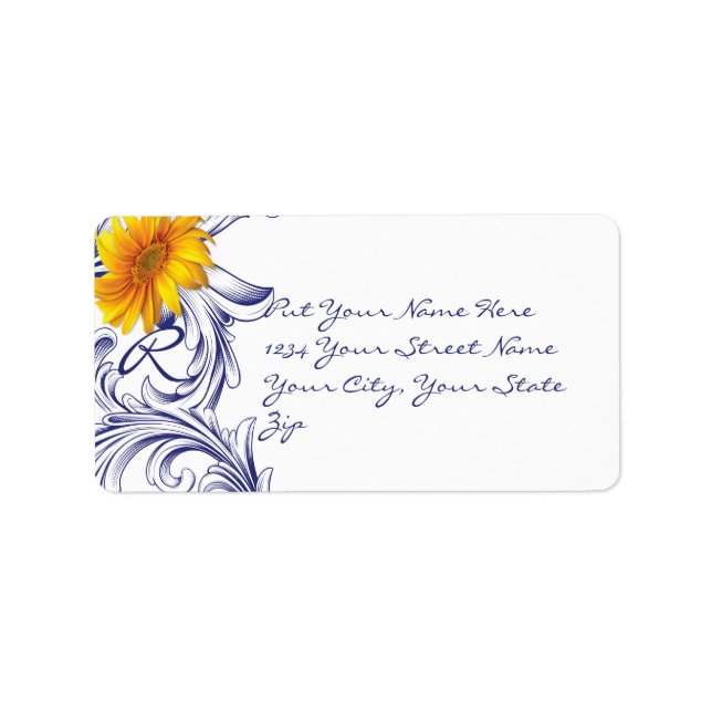 Monogramm verziert Royal Blue und Gelb Sunflocken Adressaufkleber (Vorne)