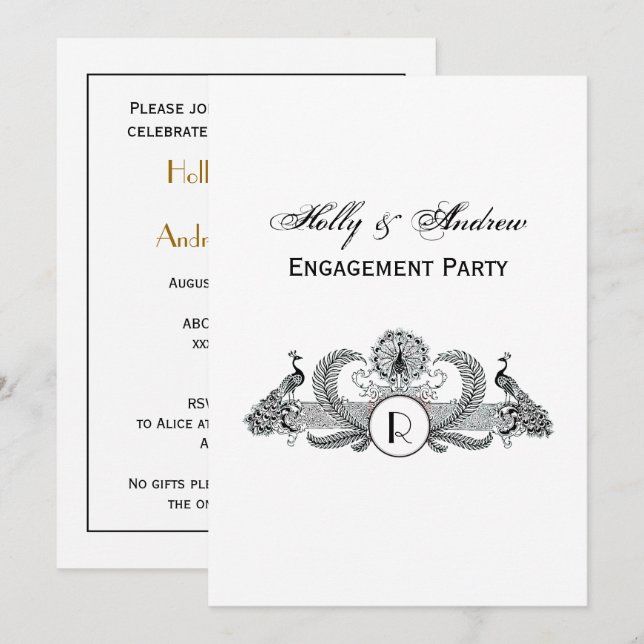 Monogramm Vintag Peacocks Einladung (Vorne/Hinten)