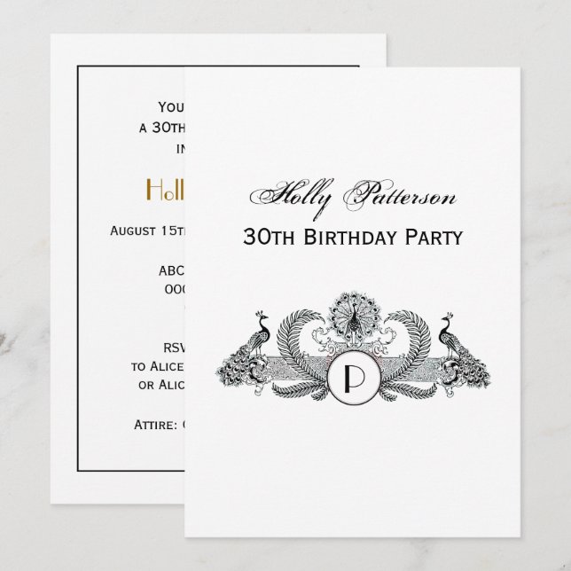 Monogramm Vintag Peacocks Einladung (Vorne/Hinten)