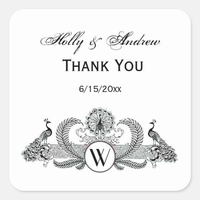 Monogramm Vintag Peacocks Quadratischer Aufkleber (Vorderseite)