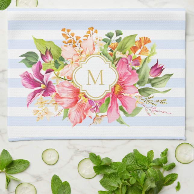 Monogramm Vintage Blume Rosa Pastellfarben Geschirrtuch (Gefaltet)