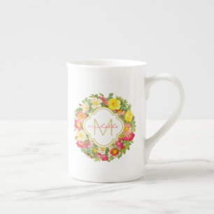 Monogramm Vintage-Blumenkranz China-Tasse Prozellantasse