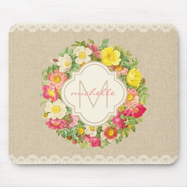 Monogramm Vintage Blumenkronen Lace Mousepad (Vorne)