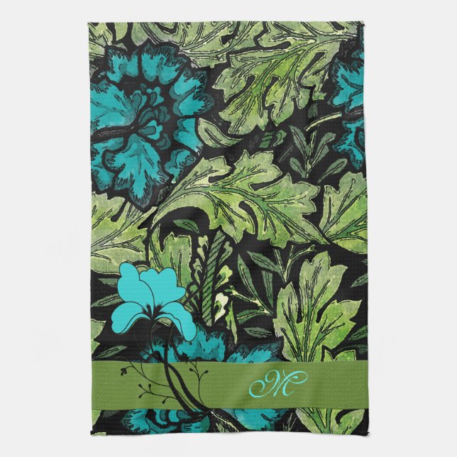 Monogramm Vintage Blüten und grüne Blüten Geschirrtuch (Vertikal)