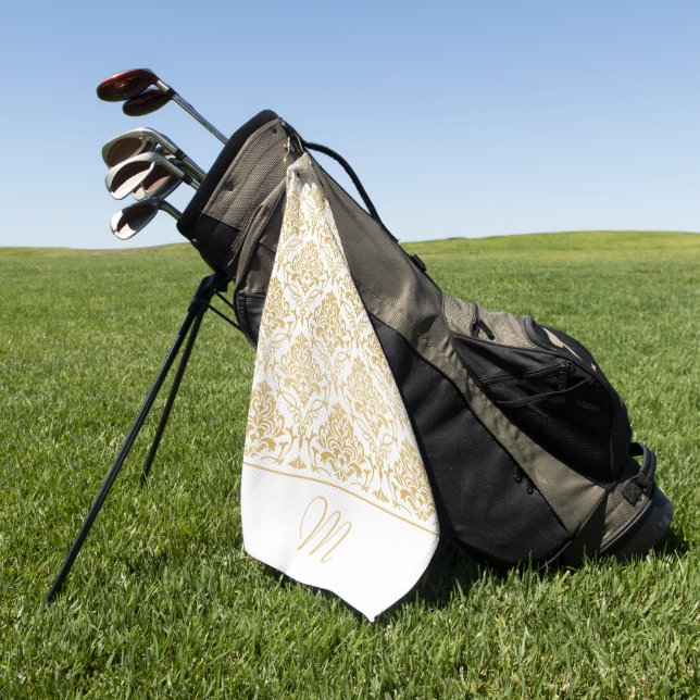 Monogramm Vintage Damasken (Gold und Weiß) 2 Golfhandtuch (Gras)