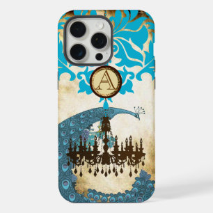 Monogramm Vintage-Pfauen-Kronleuchter Damast iPhone 15 Pro Max Hülle