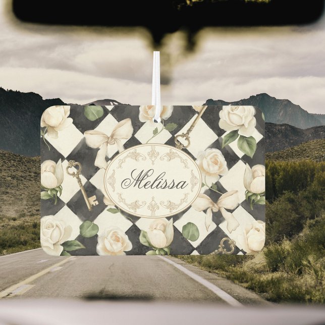 Monogramm Vintage Rose Blume Schwarz-weiß Diamond Autolufterfrischer (In situ)