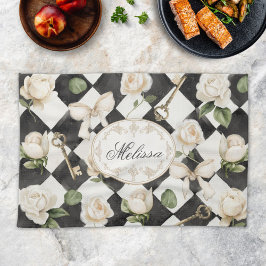 Monogramm Vintage Rose Blume Schwarz-weiß Diamond Geschirrtuch