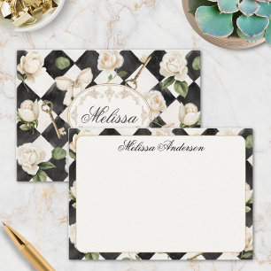Monogramm Vintage-Rosen-Blumen-Schwarz-Weiß-Diaman Mitteilungskarte