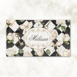 Monogramm Vintage-Rosen-Blumen Schwarz-Weiß-Diaman Visitenkarte