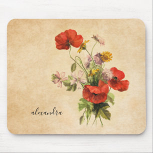 Monogramm Vintage-Rustik-Bouquet rote Mohnblumen B Mousepad