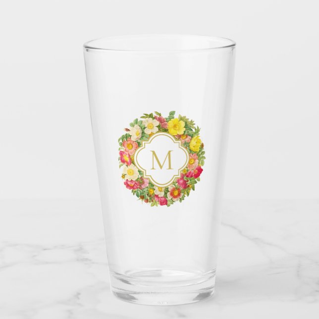 Monogramm Vintager Blumenreath Wilde Rose Glas (Vorderseite)