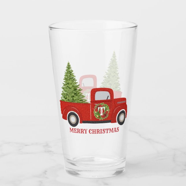 Monogramm Vintager roter Lkw mit Weihnachtsbaum Glas (Vorderseite)