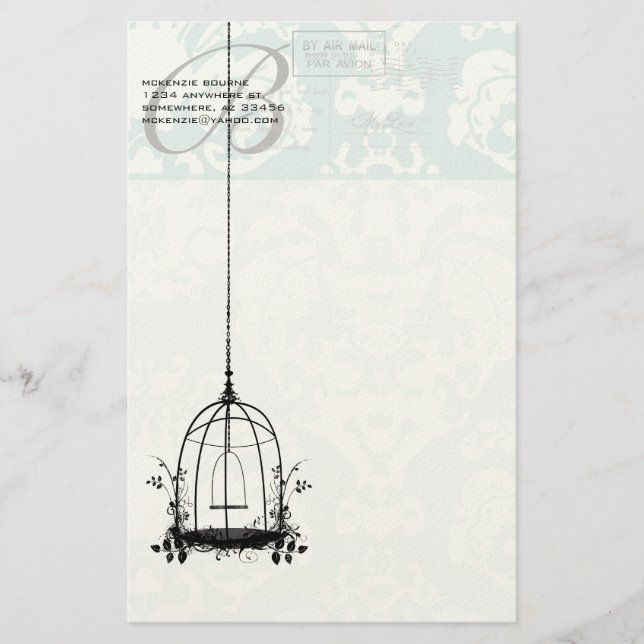 Monogramm Vintager Vogelkäfig mit Vogelluftpost Briefpapier (Vorderseite)