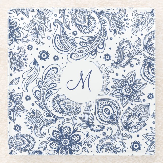 Monogramm Vintages Blumenmuster Monogramm Unterset Glasuntersetzer (Vorderseite)