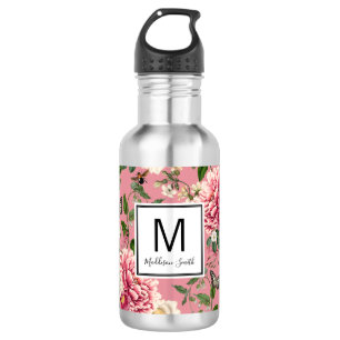 Monogramm Vintages Rosa Blütenblume Edelstahlflasche