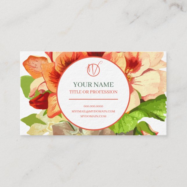 Monogramm-Visitenkarte für Rosa und grüne Blume Visitenkarte (Vorderseite)