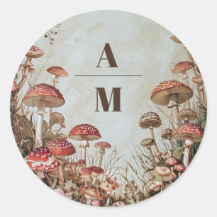 Monogramm Wald Herbst Aquarell Pilz Hochzeit Runder Aufkleber