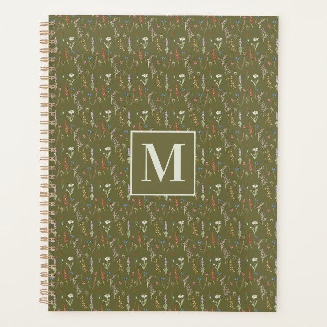 Monogramm Waldgrüner Wasserfarben-Wildblumengarten Planer (Vorderseite)
