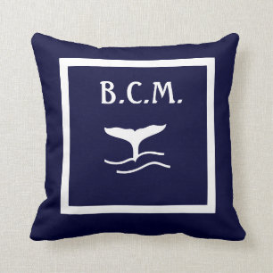 Monogramm WALE SCHWANZ ANCHOREN WEISS AUF BLAUE Kissen