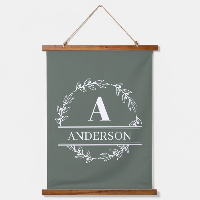Monogramm-Wand der Personalisierten Sage Green-Fam Wandteppich Mit Holzrahmen (Vorderseite)