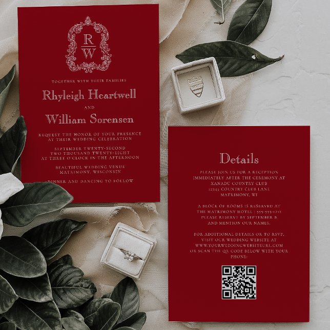Monogramm-Wappen Cranberry-Rot QR-Code-Hochzeit Einladung (Von Creator hochgeladen)