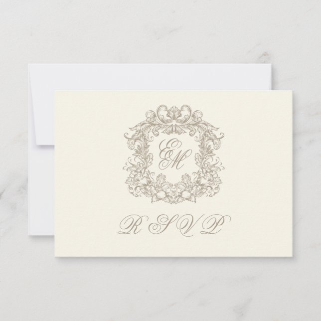 Monogramm-Wappen Elegantes Elfenbein-Menü Hochzeit RSVP Karte (Vorderseite)