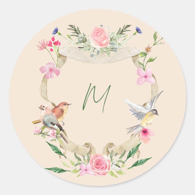 Monogramm-Wappen-Floral Neutral Runder Aufkleber (Vorderseite)