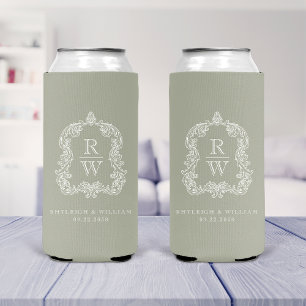 Monogramm-Wappen Hochzeit in Sage Grün Selters Dosenkühler
