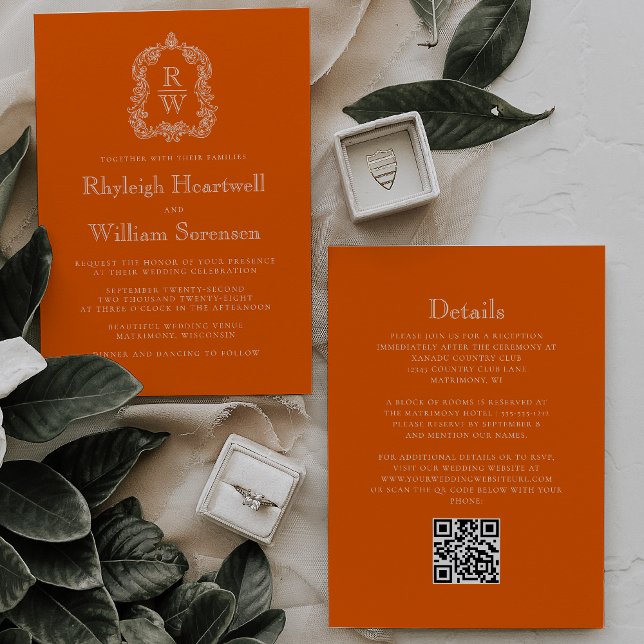 Monogramm-Wappen Persimone Orange QR-Code Hochzeit Einladung (Von Creator hochgeladen)