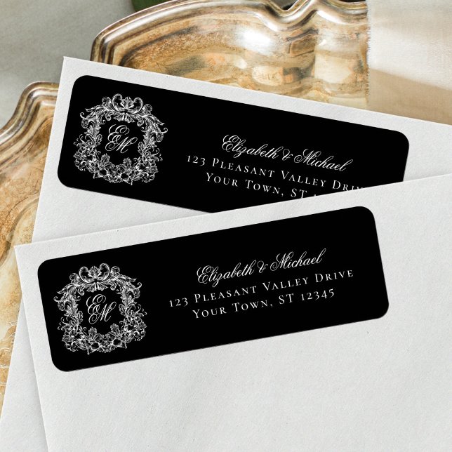 Monogramm-Wappen Schwarz Hochzeit Rücksendeadresse (Von Creator hochgeladen)