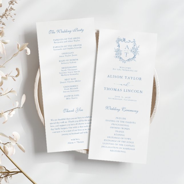 Monogramm-Wappen-Staubblau-Hochzeitsprogrammkarte Menükarte (Von Creator hochgeladen)