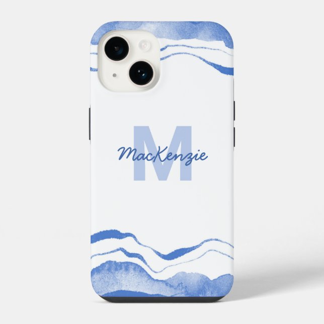 Monogramm-Wasserfarbe-Abstrakt Blau iPhone 14 Hülle (Rückseite)