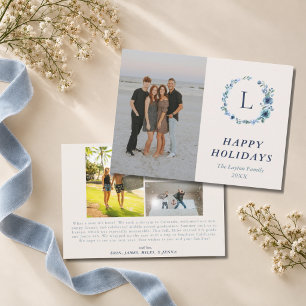 Monogramm Wasserfarbe Blau Kranz 4 Foto Familie Feiertagskarte