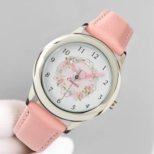 Monogramm-Wasserfarbe-Blush-Rosenblüten-Blumenflor Armbanduhr