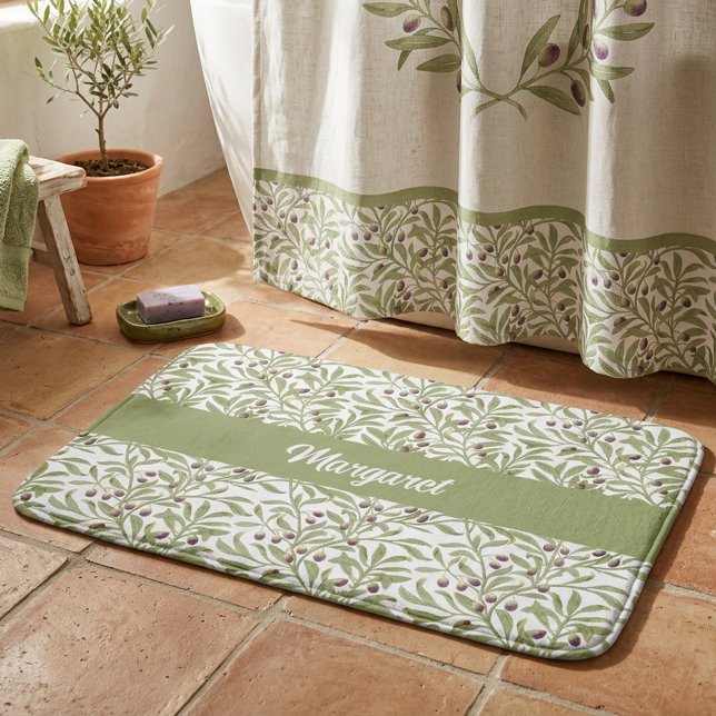 Monogramm-Wasserfarbe-Botanik Hellgrün Oliven  Badematte (Monogram Watercolor Botanical Sage Green Olive Bath Mat)