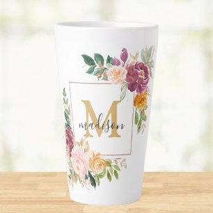 Monogramm Wasserfarbe Farbige Rosen Blume Floral Milchtasse
