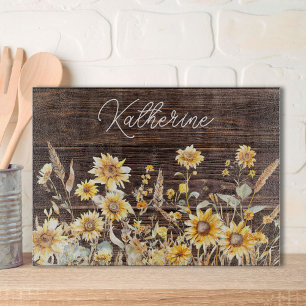 Monogramm-Wasserfarbe-Gelbes-Sonnenblumenfeld-Holz Schneidebrett