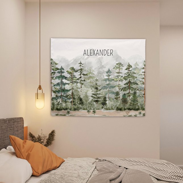 Monogramm-Wasserfarbe Grüner Kiefernwald auf dem B Wandteppich (In situ boy bedroom)