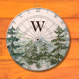 Monogramm-Wasserfarbe Kiefernwald & Berg Rustikal Dartscheibe