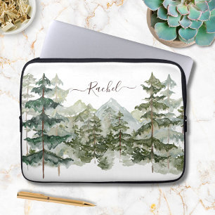 Monogramm Wasserfarbe Kiefernwald Berg Rustikal Laptopschutzhülle