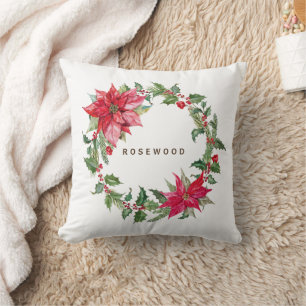 Monogramm-Wasserfarbe-Poinsettia-Weihnachtskranz Kissen